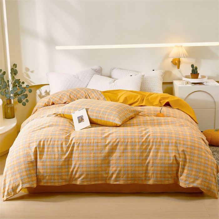 91家纺网 家纺一手货源 找家纺 春皖家纺 2026新款色织AB版水洗棉三件套四件套单品系列（单被套风格一） 素雅-黄条