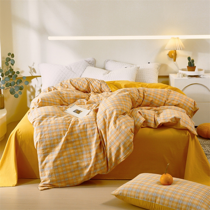 91家纺网 家纺一手货源 找家纺 春皖家纺 2026新款色织AB版水洗棉三件套四件套单品系列（单被套风格一） 素雅-黄条