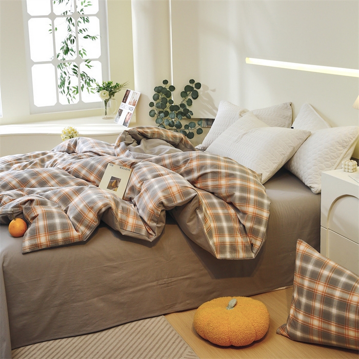 91家纺网 家纺一手货源 找家纺 春皖家纺 2026新款色织AB版水洗棉三件套四件套单品系列（单被套风格一） 栗木-咖格