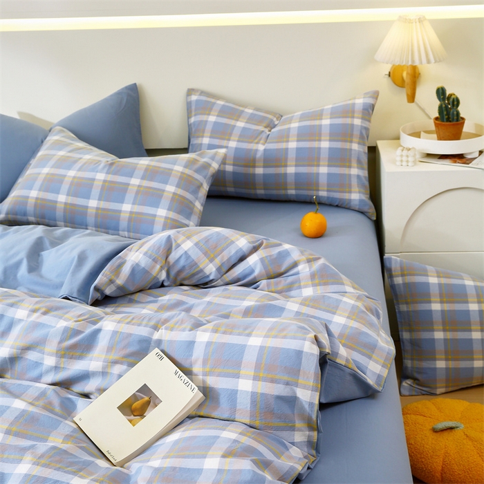 91家纺网 家纺一手货源 找家纺 春皖家纺 2026新款色织AB版水洗棉三件套四件套单品系列（单被套风格一） 素雅-蓝格