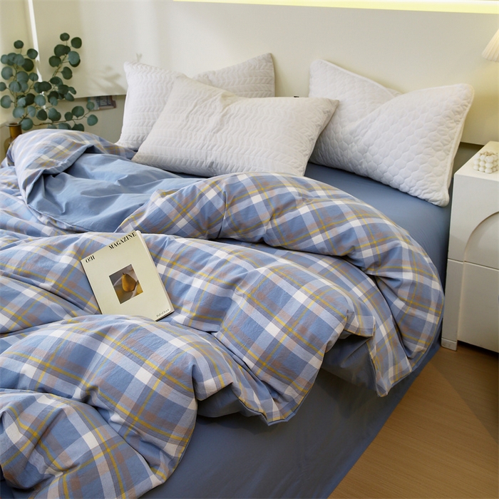 91家纺网 家纺一手货源 找家纺 春皖家纺 2026新款色织AB版水洗棉三件套四件套单品系列（单被套风格一） 素雅-蓝格