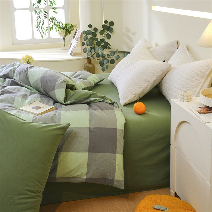 91家纺网 家纺一手货源 找家纺 春皖家纺 2026新款色织AB版水洗棉三件套四件套单品系列（单被套风格一） 素雅-清格