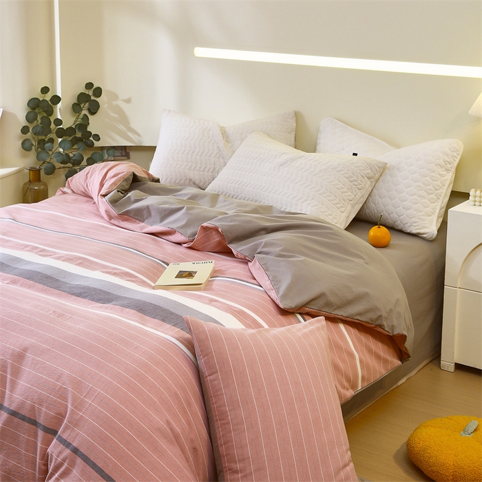 91家纺网 家纺一手货源 找家纺 春皖家纺 2026新款色织AB版水洗棉三件套四件套单品系列（单被套风格一） 素雅-蔻粉