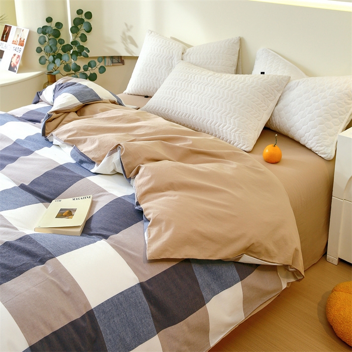 91家纺网 家纺一手货源 找家纺 春皖家纺 2026新款色织AB版水洗棉三件套四件套单品系列（单被套风格一） 素雅-蓝大格