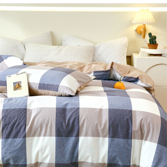 91家纺网 家纺一手货源 找家纺 春皖家纺 2026新款色织AB版水洗棉三件套四件套单品系列（单被套风格一） 素雅-蓝大格