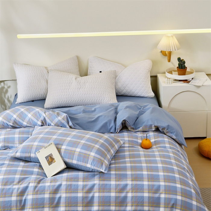 91家纺网 家纺一手货源 找家纺 春皖家纺 2026新款色织AB版水洗棉三件套四件套单品系列（单被套风格一） 素雅-蓝格