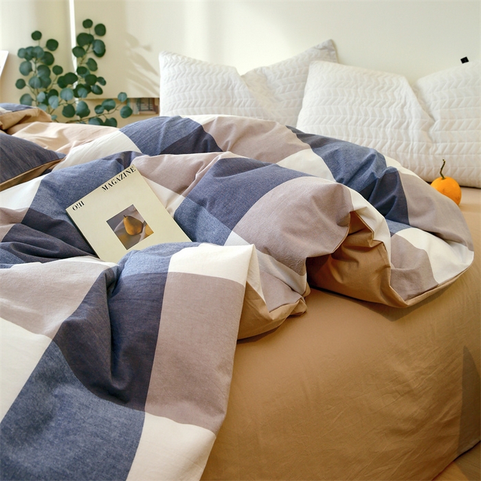 91家纺网 家纺一手货源 找家纺 春皖家纺 2026新款色织AB版水洗棉三件套四件套单品系列（单被套风格一） 素雅-蓝大格