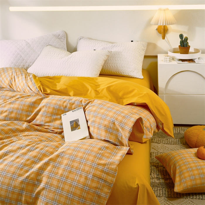 91家纺网 家纺一手货源 找家纺 春皖家纺 2026新款色织AB版水洗棉三件套四件套单品系列（单被套风格一） 素雅-黄条