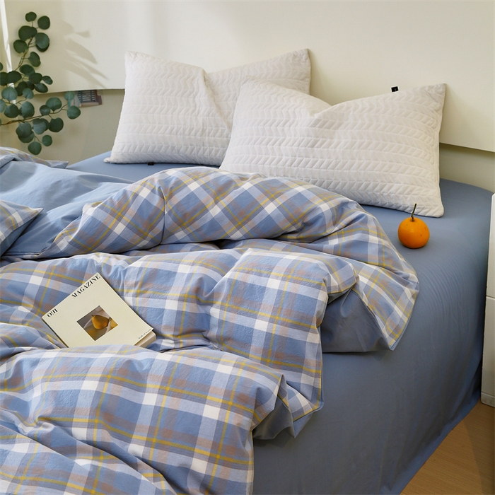 91家纺网 家纺一手货源 找家纺 春皖家纺 2026新款色织AB版水洗棉三件套四件套单品系列（单被套风格一） 素雅-蓝格