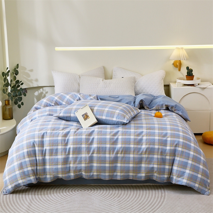 91家纺网 家纺一手货源 找家纺 春皖家纺 2026新款色织AB版水洗棉三件套四件套单品系列（单被套风格一） 素雅-蓝格