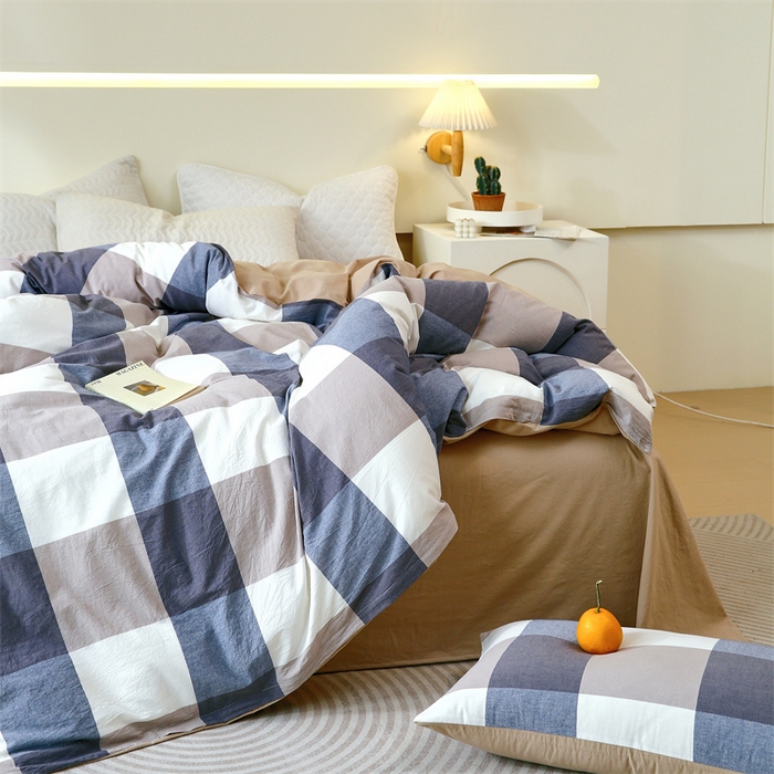 91家纺网 家纺一手货源 找家纺 春皖家纺 2026新款色织AB版水洗棉三件套四件套单品系列（单被套风格一） 素雅-蓝大格