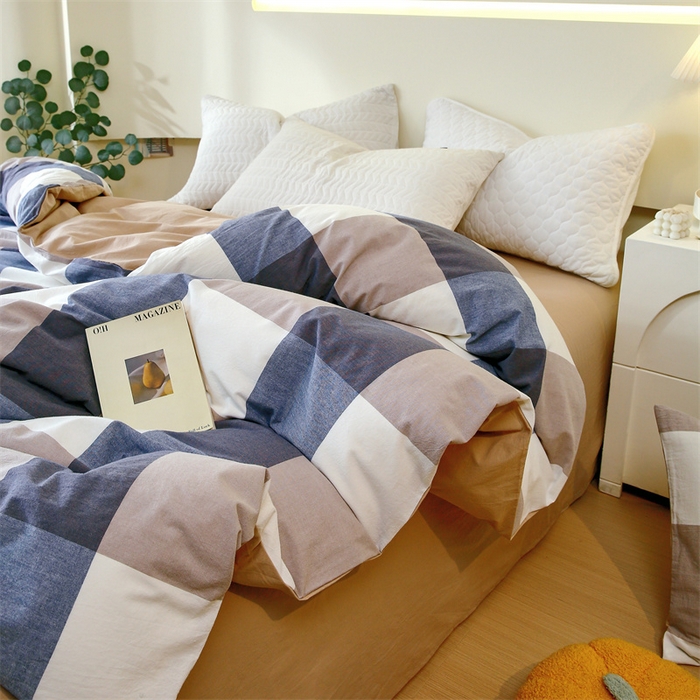 91家纺网 家纺一手货源 找家纺 春皖家纺 2026新款色织AB版水洗棉三件套四件套单品系列（单被套风格一） 素雅-蓝大格