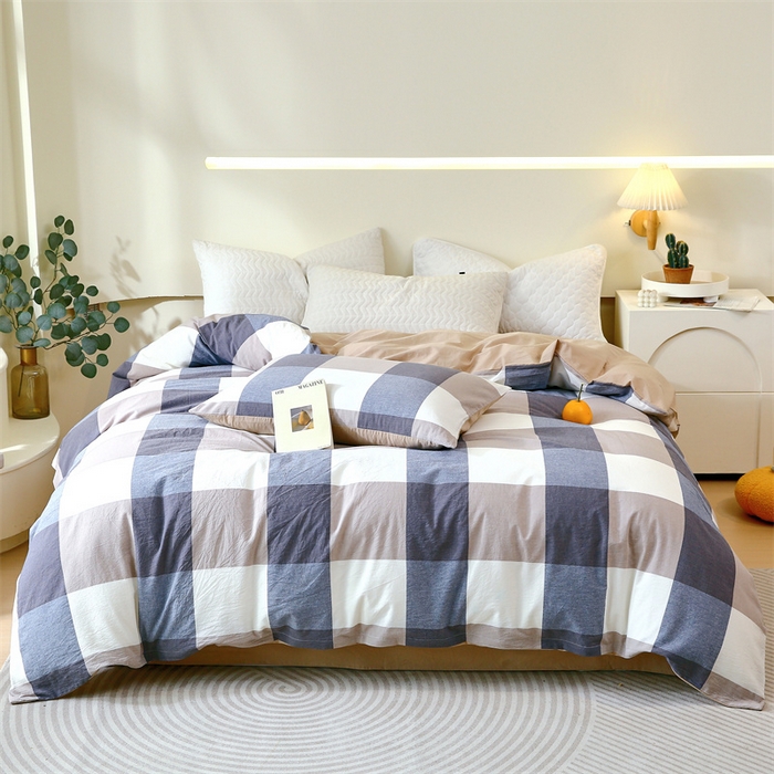 91家纺网 家纺一手货源 找家纺 春皖家纺 2026新款色织AB版水洗棉三件套四件套单品系列（单被套风格一） 素雅-蓝大格