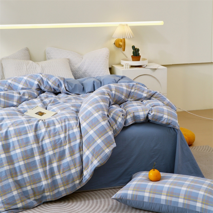 91家纺网 家纺一手货源 找家纺 春皖家纺 2026新款色织AB版水洗棉三件套四件套单品系列（单被套风格一） 素雅-蓝格