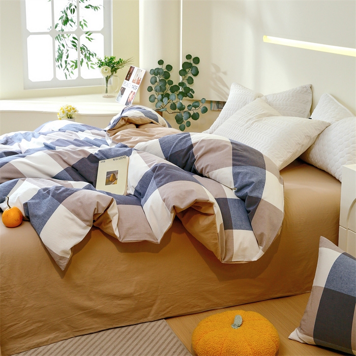 91家纺网 家纺一手货源 找家纺 春皖家纺 2026新款色织AB版水洗棉三件套四件套单品系列（单被套风格一） 素雅-蓝大格