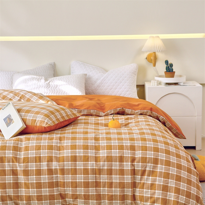 91家纺网 家纺一手货源 找家纺 春皖家纺 2026新款色织AB版水洗棉三件套四件套单品系列（单被套风格一） 素雅黄格