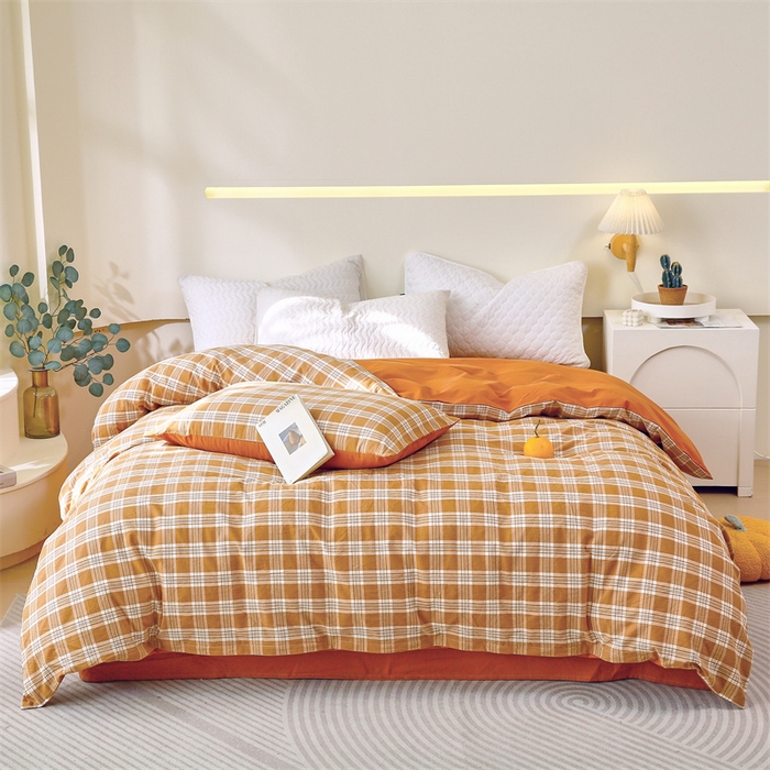 91家纺网 家纺一手货源 找家纺 春皖家纺 2026新款色织AB版水洗棉三件套四件套单品系列（单被套风格一） 素雅黄格