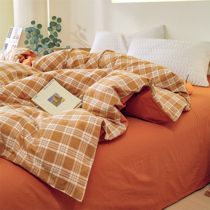 91家纺网 家纺一手货源 找家纺 春皖家纺 2026新款色织AB版水洗棉三件套四件套单品系列（单被套风格一） 素雅黄格