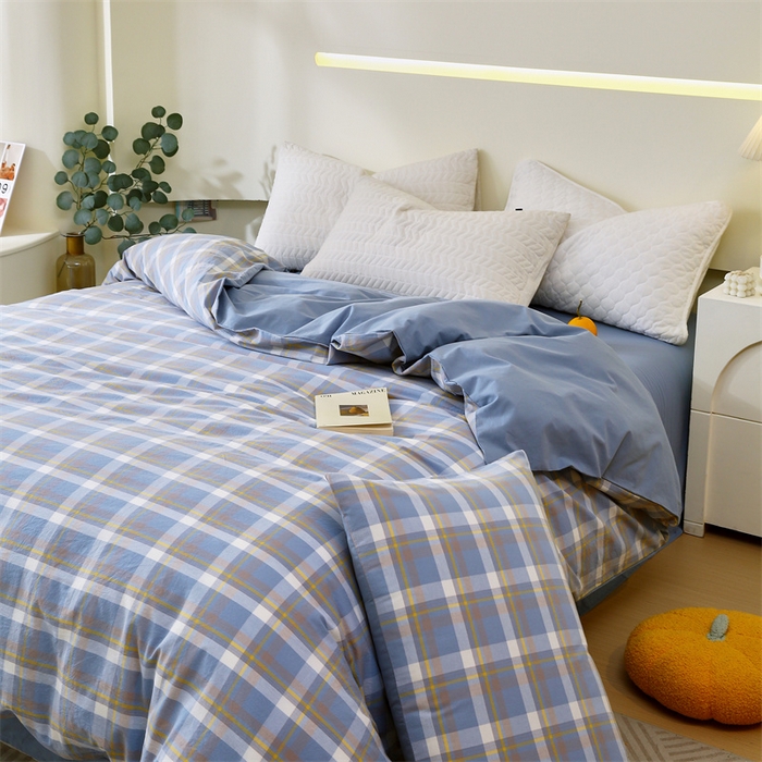 91家纺网 家纺一手货源 找家纺 春皖家纺 2026新款色织AB版水洗棉三件套四件套单品系列（单被套风格一） 素雅-蓝格