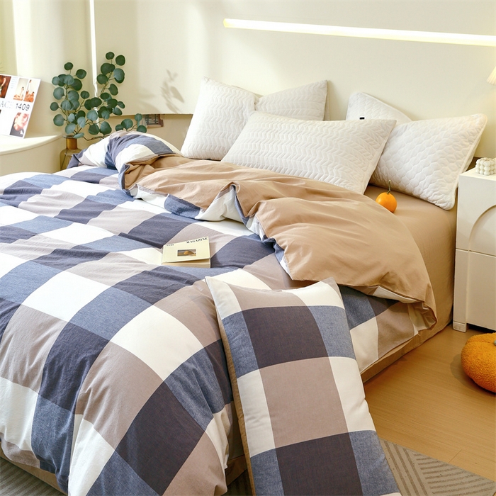 91家纺网 家纺一手货源 找家纺 春皖家纺 2026新款色织AB版水洗棉三件套四件套单品系列（单被套风格一） 素雅-蓝大格