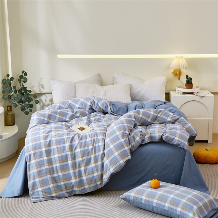 91家纺网 家纺一手货源 找家纺 春皖家纺 2026新款色织AB版水洗棉三件套四件套单品系列（单被套风格一） 素雅-蓝格