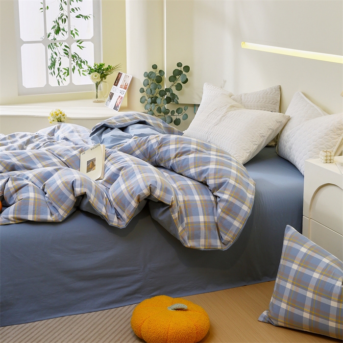 91家纺网 家纺一手货源 找家纺 春皖家纺 2026新款色织AB版水洗棉三件套四件套单品系列（单被套风格一） 素雅-蓝格