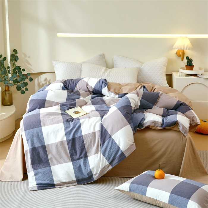 91家纺网 家纺一手货源 找家纺 春皖家纺 2026新款色织AB版水洗棉三件套四件套单品系列（单被套风格一） 素雅-蓝大格