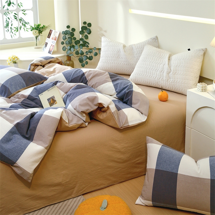 91家纺网 家纺一手货源 找家纺 春皖家纺 2026新款色织AB版水洗棉三件套四件套单品系列（单被套风格一） 素雅-蓝大格