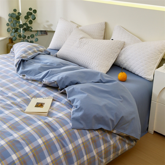 91家纺网 家纺一手货源 找家纺 春皖家纺 2026新款色织AB版水洗棉三件套四件套单品系列（单被套风格一） 素雅-蓝格