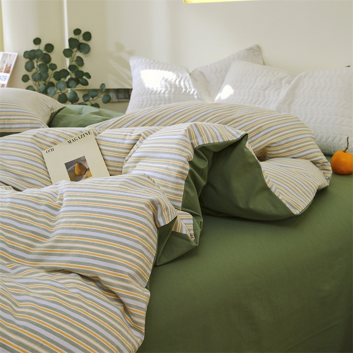 91家纺网 家纺一手货源 找家纺 春皖家纺 2026新款色织AB版水洗棉三件套四件套单品系列（单被套风格一） 素雅-绿条