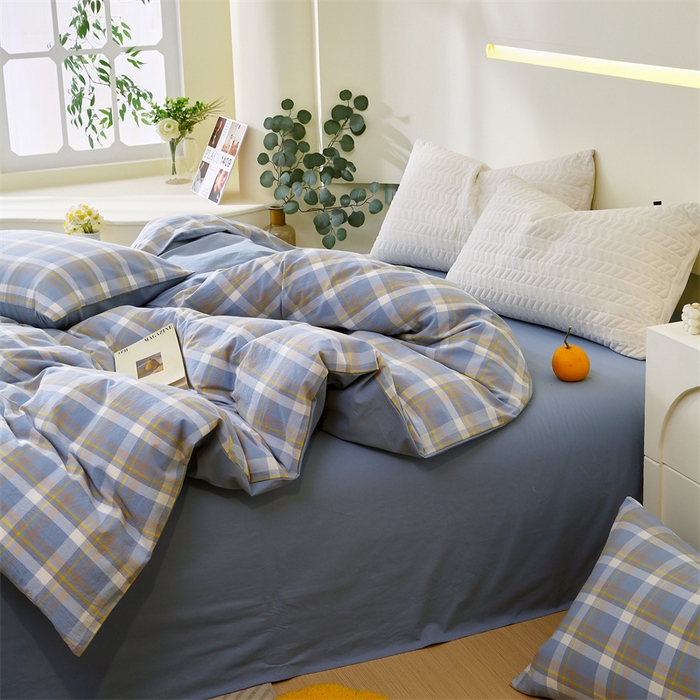 91家纺网 家纺一手货源 找家纺 春皖家纺 2026新款色织AB版水洗棉三件套四件套单品系列（单被套风格一） 素雅-蓝格