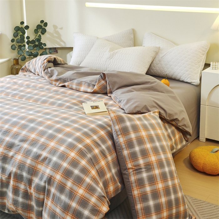 91家纺网 家纺一手货源 找家纺 春皖家纺 2026新款色织AB版水洗棉三件套四件套单品系列（单被套风格一） 栗木-咖格