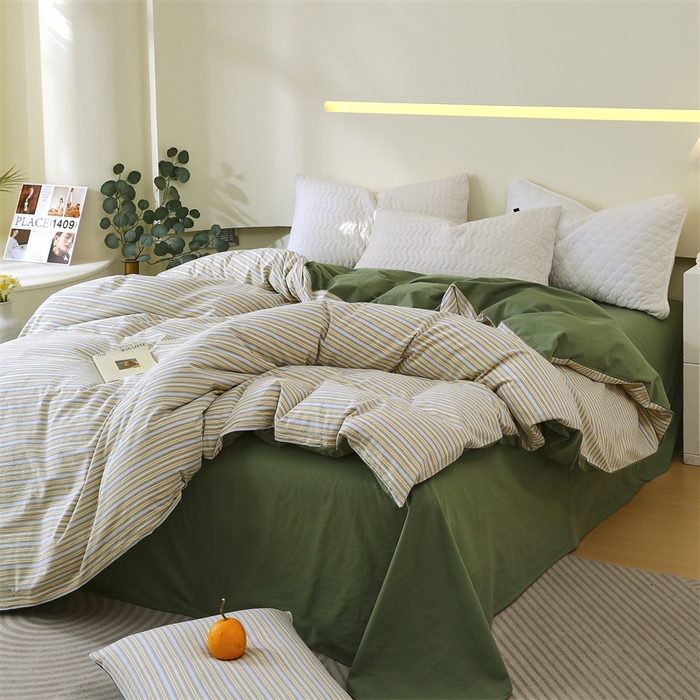 91家纺网 家纺一手货源 找家纺 春皖家纺 2026新款色织AB版水洗棉三件套四件套单品系列（单被套风格一） 素雅-绿条