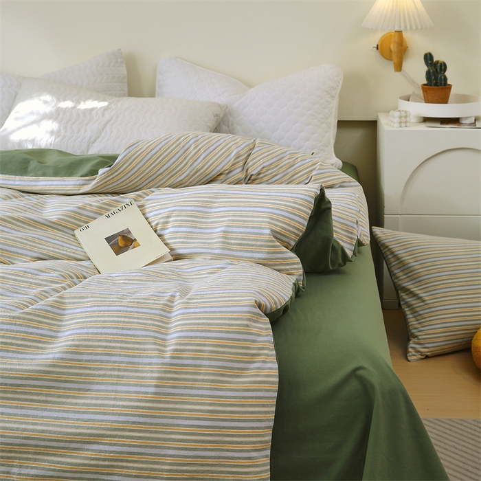 91家纺网 家纺一手货源 找家纺 春皖家纺 2026新款色织AB版水洗棉三件套四件套单品系列（单被套风格一） 素雅-绿条