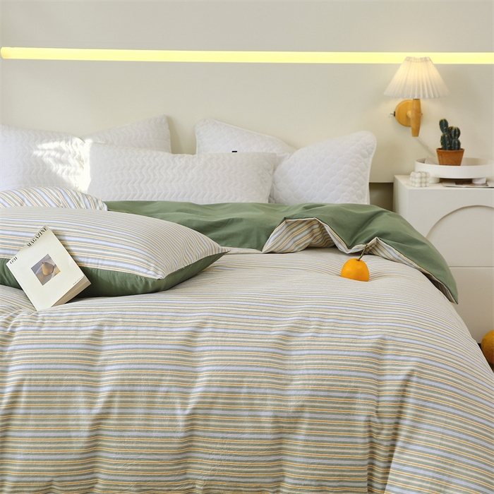 91家纺网 家纺一手货源 找家纺 春皖家纺 2026新款色织AB版水洗棉三件套四件套单品系列（单被套风格一） 素雅-绿条