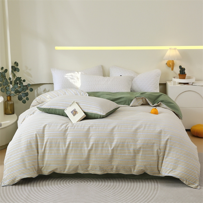 91家纺网 家纺一手货源 找家纺 春皖家纺 2026新款色织AB版水洗棉三件套四件套单品系列（单被套风格一） 素雅-绿条