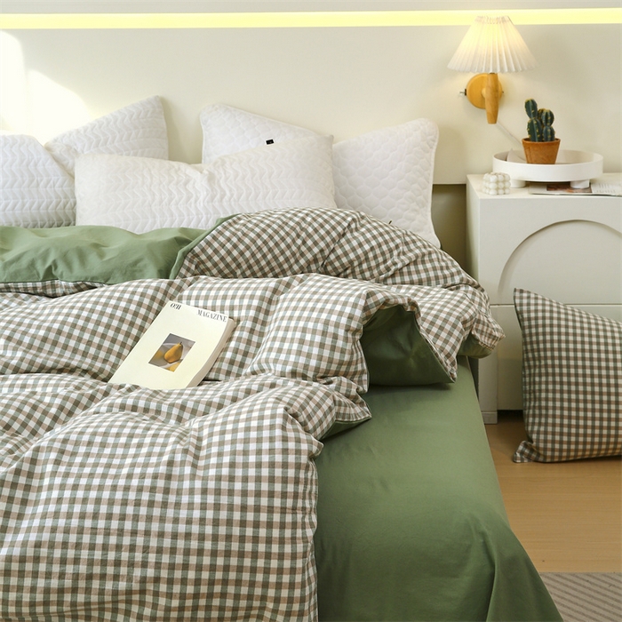 91家纺网 家纺一手货源 找家纺 春皖家纺 2026新款色织AB版水洗棉三件套四件套单品系列（单被套风格一） 素雅-绿格