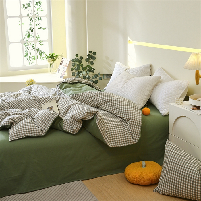 91家纺网 家纺一手货源 找家纺 春皖家纺 2026新款色织AB版水洗棉三件套四件套单品系列（单被套风格一） 素雅-绿格