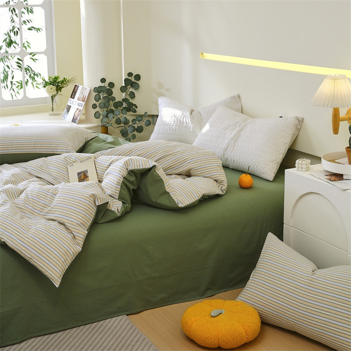 91家纺网 家纺一手货源 找家纺 春皖家纺 2026新款色织AB版水洗棉三件套四件套单品系列（单被套风格一） 素雅-绿条