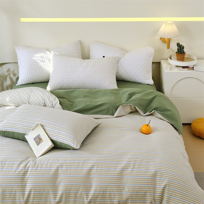 91家纺网 家纺一手货源 找家纺 春皖家纺 2026新款色织AB版水洗棉三件套四件套单品系列（单被套风格一） 素雅-绿条