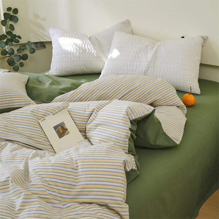 91家纺网 家纺一手货源 找家纺 春皖家纺 2026新款色织AB版水洗棉三件套四件套单品系列（单被套风格一） 素雅-绿条