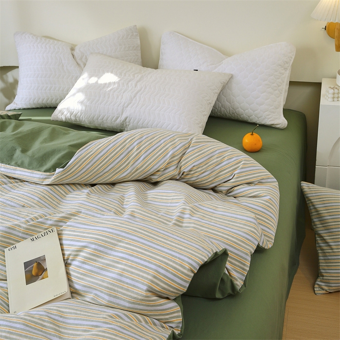 91家纺网 家纺一手货源 找家纺 春皖家纺 2026新款色织AB版水洗棉三件套四件套单品系列（单被套风格一） 素雅-绿条