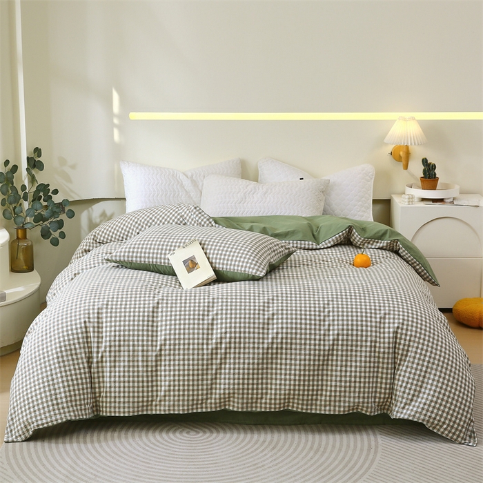 91家纺网 家纺一手货源 找家纺 春皖家纺 2026新款色织AB版水洗棉三件套四件套单品系列（单被套风格一） 素雅-绿格