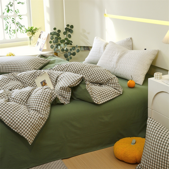 91家纺网 家纺一手货源 找家纺 春皖家纺 2026新款色织AB版水洗棉三件套四件套单品系列（单被套风格一） 素雅-绿格