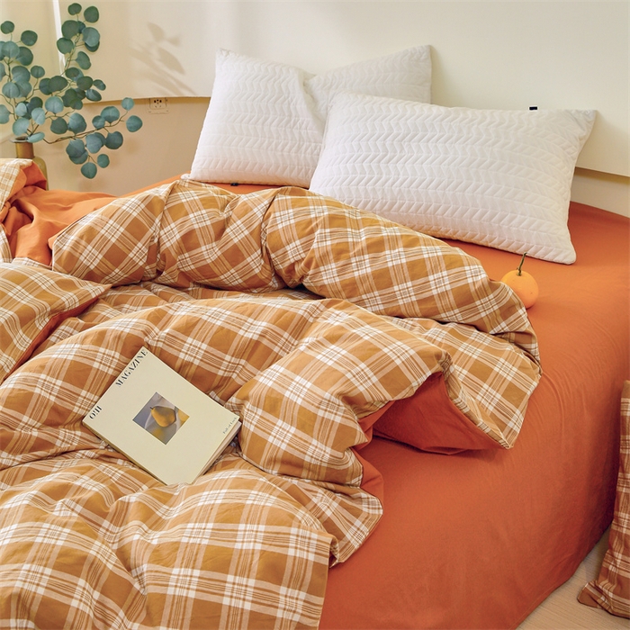 91家纺网 家纺一手货源 找家纺 春皖家纺 2026新款色织AB版水洗棉三件套四件套单品系列（单被套风格一） 素雅黄格