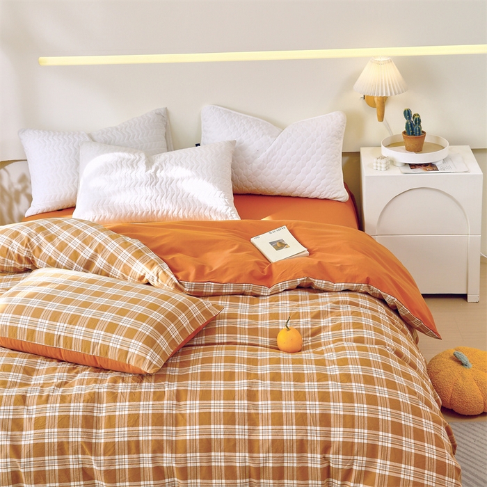 91家纺网 家纺一手货源 找家纺 春皖家纺 2026新款色织AB版水洗棉三件套四件套单品系列（单被套风格一） 素雅黄格