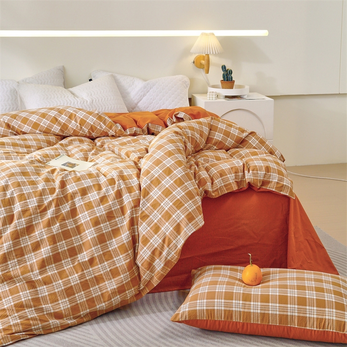 91家纺网 家纺一手货源 找家纺 春皖家纺 2026新款色织AB版水洗棉三件套四件套单品系列（单被套风格一） 素雅黄格