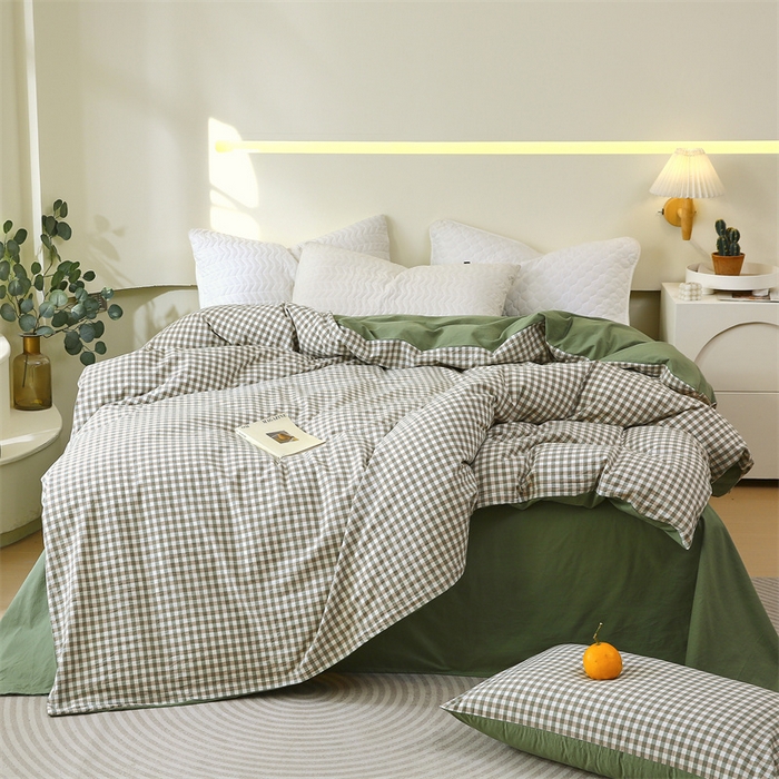 91家纺网 家纺一手货源 找家纺 春皖家纺 2026新款色织AB版水洗棉三件套四件套单品系列（单被套风格一） 素雅-绿格