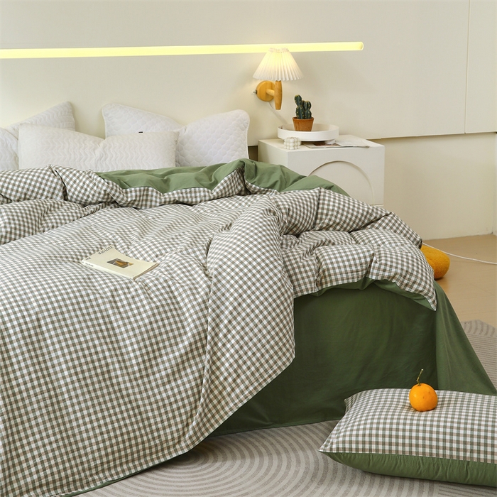 91家纺网 家纺一手货源 找家纺 春皖家纺 2026新款色织AB版水洗棉三件套四件套单品系列（单被套风格一） 素雅-绿格