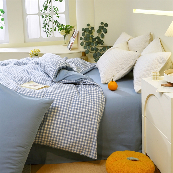 91家纺网 家纺一手货源 找家纺 春皖家纺 2026新款色织AB版水洗棉三件套四件套单品系列（单被套风格一） 素雅-蓝小格